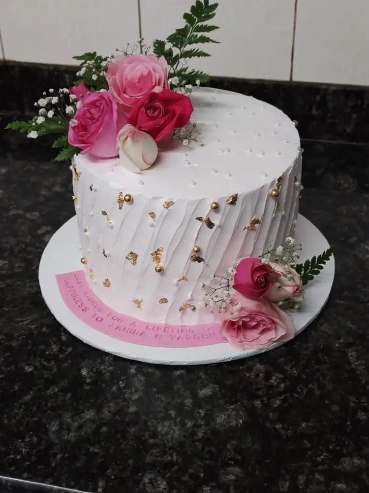 White, Pink & Gold Floral cake by Bilkis Cakes and Bakes