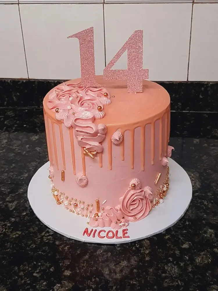 Pink Milestone Drip cake by Bilkis Cakes and Bakes